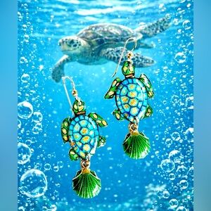 Handmade designed painted sea turtles OOAK tortoise earrings shells sterling